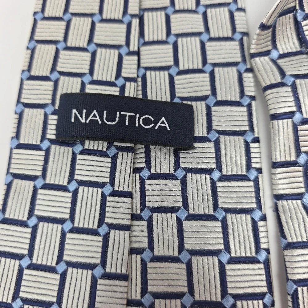 Nautica Tie Mens Silver Blue Geometric Silk Woven Designer Classic Luxury